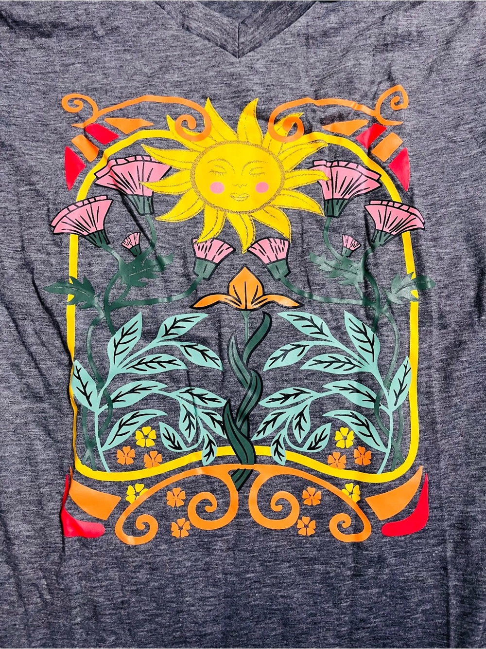 Womens Heather Gray Sun & Floral Graphic Tee S